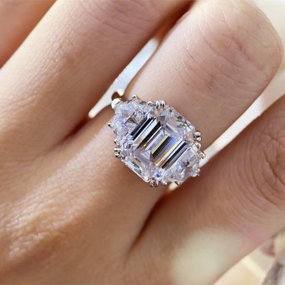 NEW 925 Silver Emerald Cut Diamond Engagement Ring - Picture 11 of 15